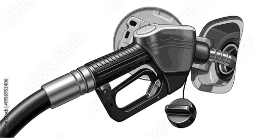 A close-up, black and white illustration of a gas pump nozzle inserted into a car's fuel tank, ready for refueling.