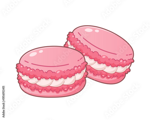 Cartoon pink macarons on white background. Dessert, baked goods on white background