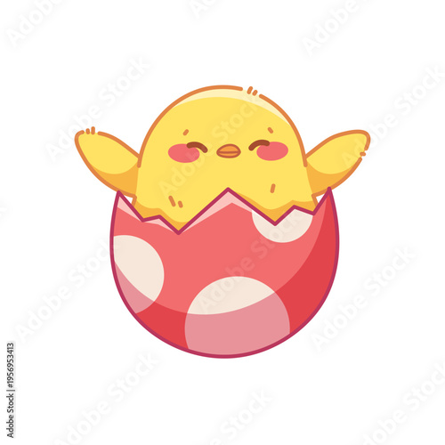 Little chick popping out of cracked eggshell. Kawaii Easter element for new beginnings, spring themes, or baby animals. Isolated illustration