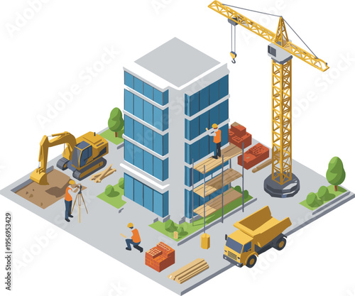  construction site illustration with crane, excavator and workers building modern office structure, urban development concept featuring heavy 