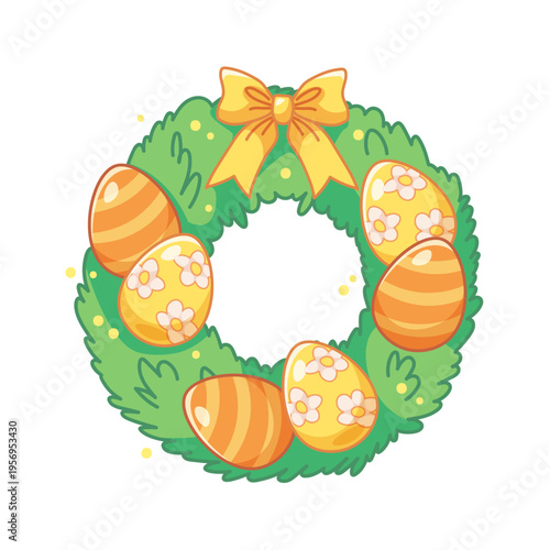 Festive Easter wreath. Round decoration with decorated yellow eggs and bows. Vector cartoon illustration