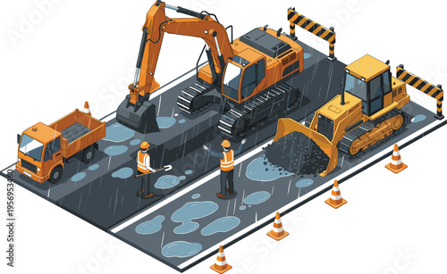 Isometric road construction in rainy weather with excavator, bulldozer and workers repairing asphalt, heavy machinery on wet street, infrastructure maintenance and engineering project concept