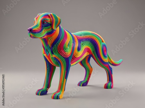 Vibrant Rainbow Dog Sculpture Made of Curved Colorful Strips Standing Against Neutral Studio Background