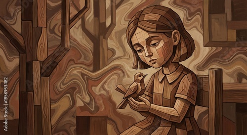 Wooden Girl Holding Paperbird Amidst Abstract Brown Wood Grain Background, Geometric Art Style