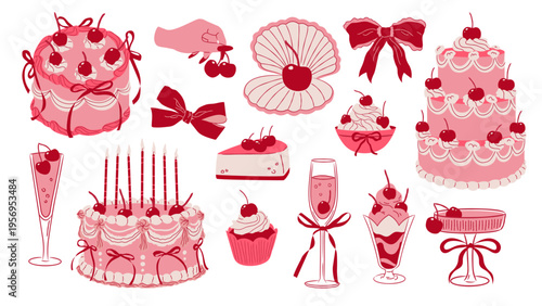 Set of retro elements with cherries. Pink cakes and pastries with cherries, whimsical girly sweets in coquette style
