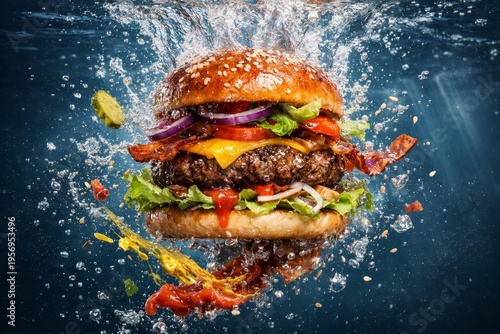 Splashy gourmet burger underwater bursting through water droplets with bacon cheese lettuce tomato onion sesame bun