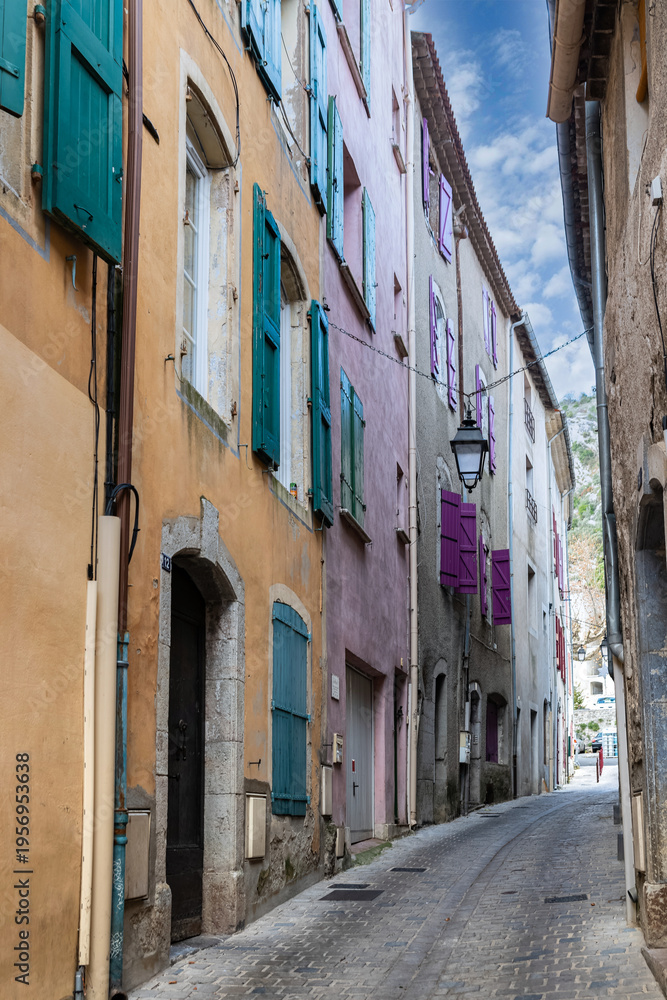 Fototapeta premium Anduze in France, old facades in the historic center, typical street 