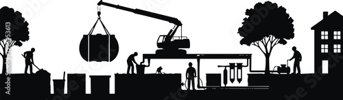 Utility construction silhouette with crane lifting tank, workers installing underground pipeline system near residential area, industrial engineering infrastructure maintenance and urban service 