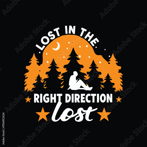 Night wilderness adventure graphic with person pine trees mountain and crescent moon