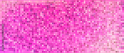 Iridescent reflections with vibrant glow and mosaic effect. Sequin pink disco backdrop for nightclub and fashion scenes.