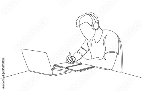 Continuous one line of young man wearing headphones and writing in notebook while following an online lecture, online learning courses concept, single line art