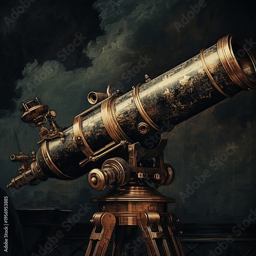 Antique Telescope on a Wooden Tripod Against a Dramatic Sky Backdrop, Vintage Astronomy