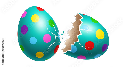 Cracked easter egg with colorful polka dots isolated on transparent background
