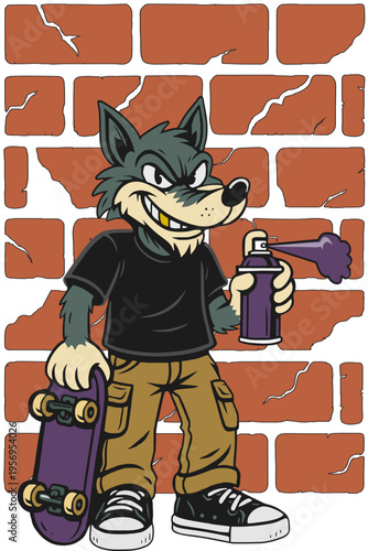 Vector illustration of a skateboarder and graffiti artist wolf, retro cartoon style, streetwear.