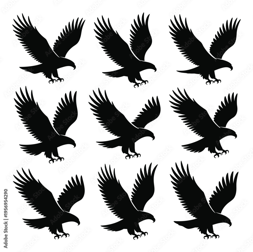 Fototapeta premium Nine Silhouetted Eagles in Flight, Repeating Pattern