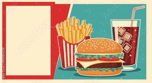 Retro fast food meal with hamburger, french fries, and soda drink in a vintage advertisement style.