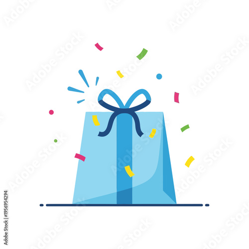 Light Blue Gift Box with Ribbon and Confetti, Celebration Surprise