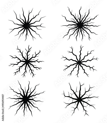 Six Black Starburst Crack Patterns on White Background