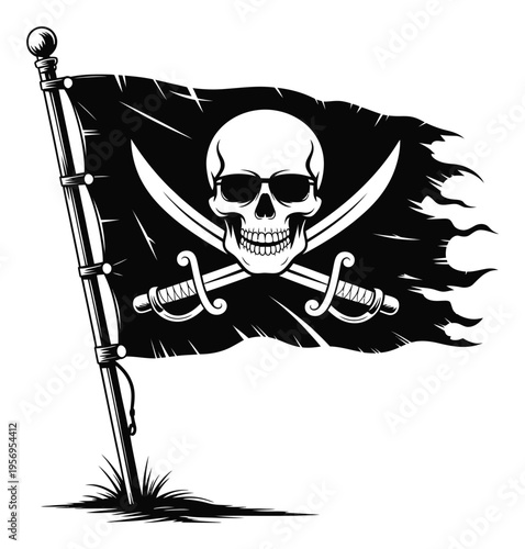 Tattered Pirate Flag with Skull and Crossbones and Swords