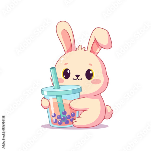 Cute Kawaii Bunny Holding Bubble Tea Boba Drink, Adorable Cartoon Character