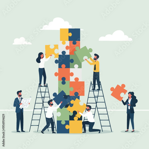 Teamwork building a puzzle tower, collaboration, strategy, business success, problem solving
