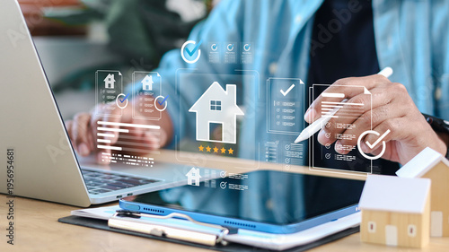 Digital real estate management with property rating interface, checklist verification, and smart analytics, representing home selection, investment decisions, and modern housing technology.