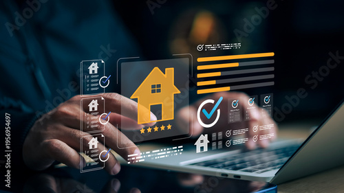 Real estate evaluation on digital interface with house rating, analytics dashboard, and checklist, representing property investment, smart home selection, and data-driven decision making.