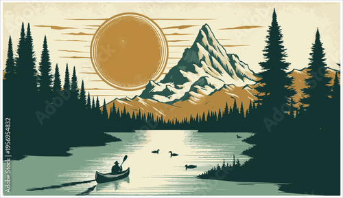 Serene mountain lake scene with snow capped peaks and sunset