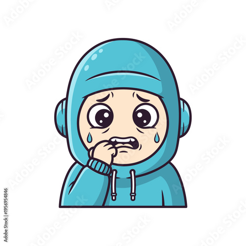 Anxious Cartoon Character Chewing Fingernails in Blue Hoodie