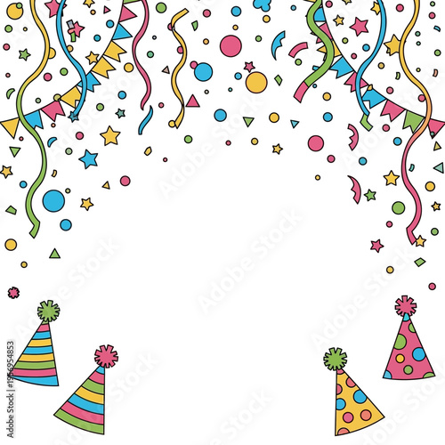 Celebration Party Border with Confetti, Bunting Flags, and Party Hats on White Background