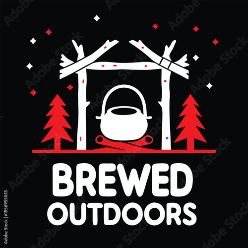 Wilderness Camping Illustration with Pot Cooking Over Fire in Rustic Log Shelter