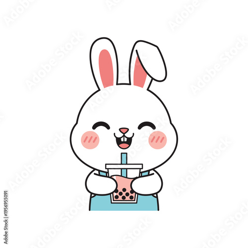 Cute cartoon bunny enjoying a bubble tea drink, kawaii illustration