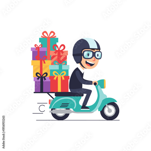 Fast Gift Delivery Service Character On Scooter With Presents