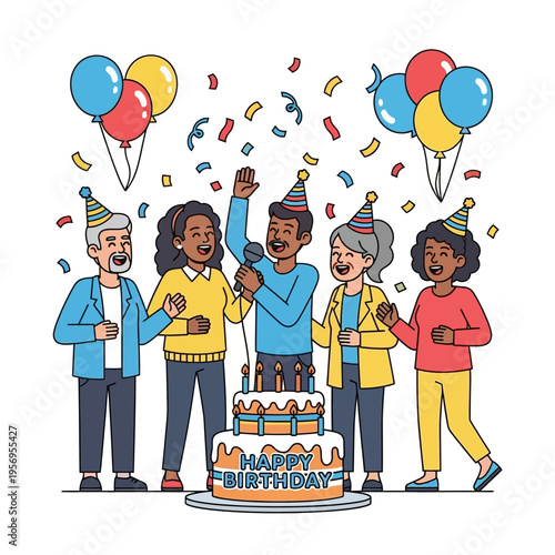 Diverse group celebrating birthday with cake, balloons, confetti, and singing
