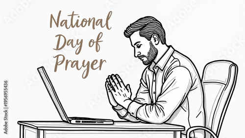 Man praying at desk with laptop national day of prayer concept