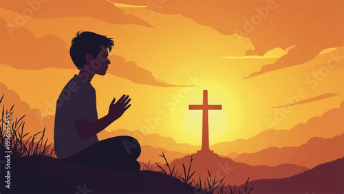 Silhouette of a man praying towards a cross at sunset with mountains in the background serene and peaceful atmosphere