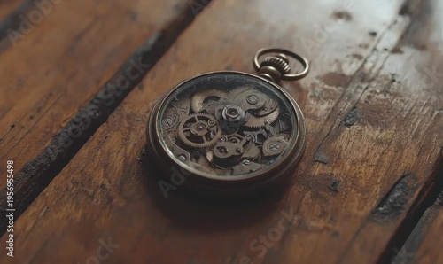 Pocket watch with visible gears on a weathered wooden surface. The watch is open, revealing its intricate inner workings. AI.