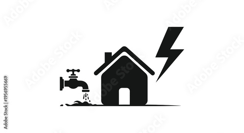 House water and lightning strike symbol in a dark silhouette