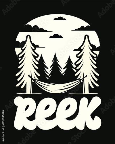 Peaceful forest scene featuring a relaxing hammock between pine trees with the stylized word REEK below