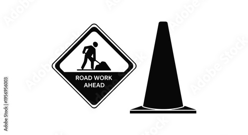 Road work ahead warning sign with a traffic cone black silhouette