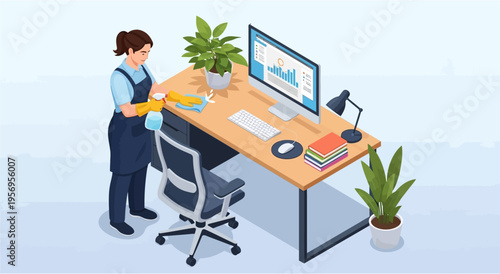 A cleaner tidying an office desk with a computer, plants, and books in an isometric view.