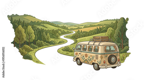Vintage Camper Van on Road Trip.