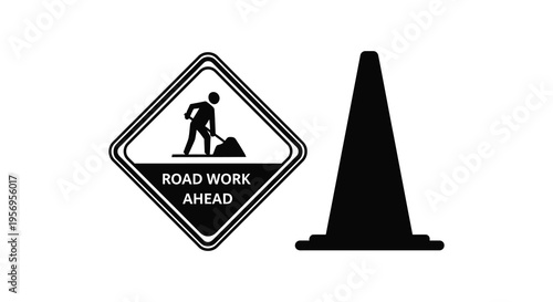 Road work ahead sign and traffic cone a stark black silhouette