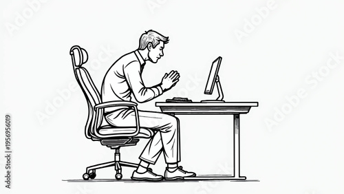Man sitting at desk working on computer with focused expression in office setting with chair and monitor