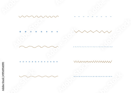 手描きのギザギザ・なみなみ・点々のラインセット2（青・茶色）