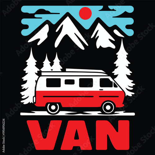 Colorful graphic illustration featuring a classic red and white camper van with mountains and trees