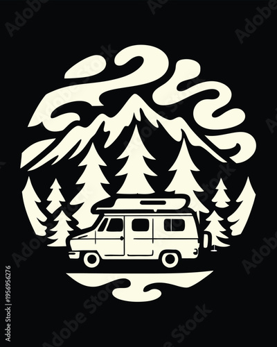 Retro styled camper van journeying through a peaceful forest with majestic mountains