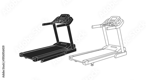 Two treadmills are displayed in a stark black outline silhouette