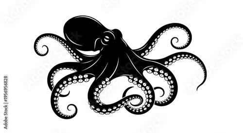 A detailed black silhouette of a giant octopus with long tentacles and visible suction cup detail