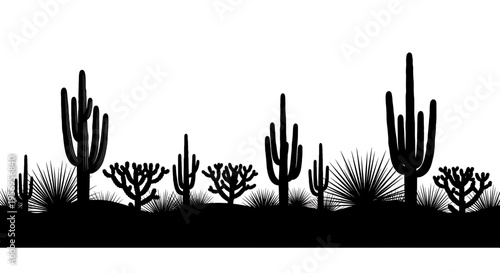 Black silhouette of a diverse desert landscape featuring multiple saguaro cacti and wild shrubs